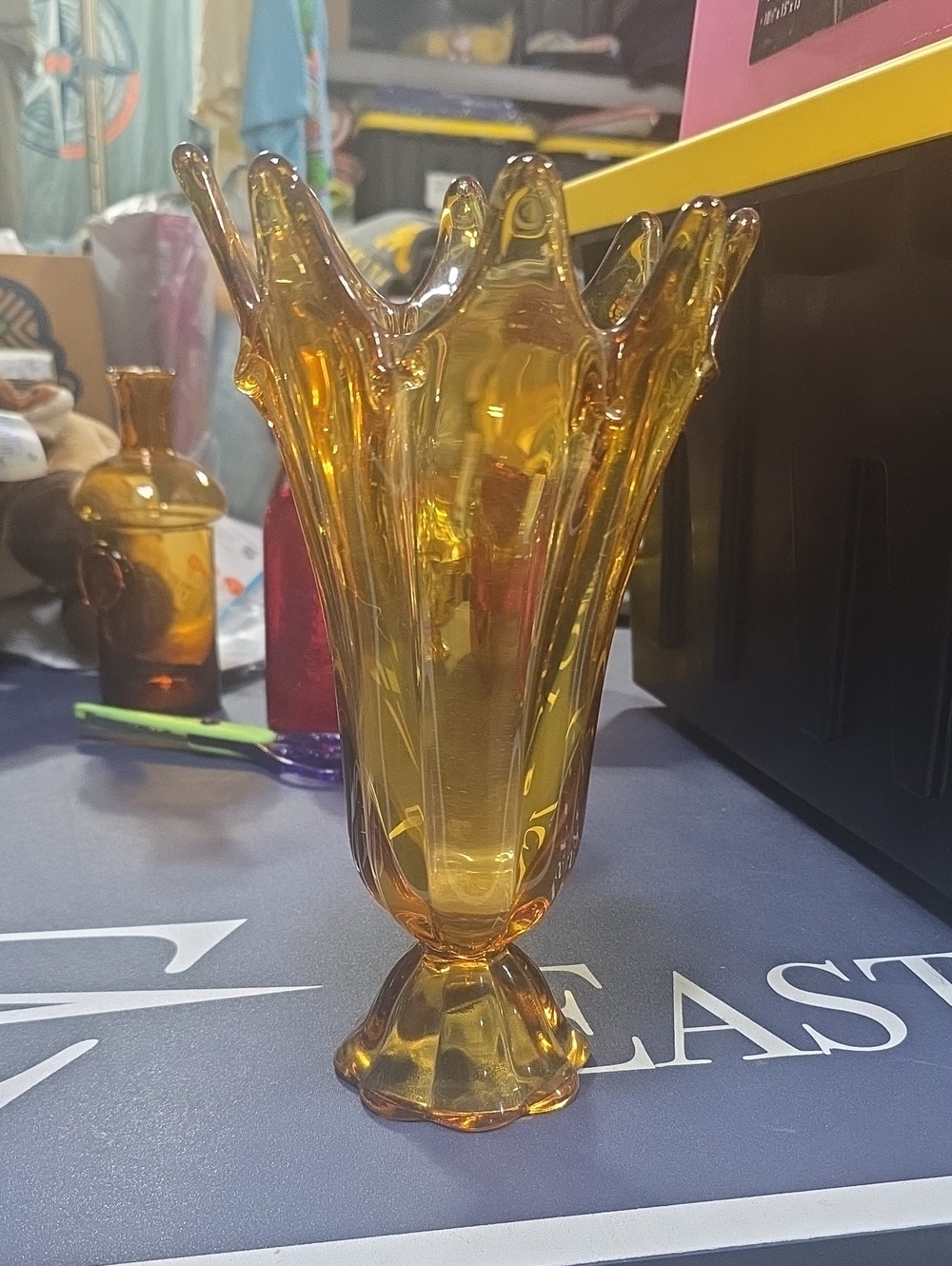 Elegant Studio Art Glass Vase Viking Style Amber Stretched Footed Vintage MCM